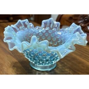 Fenton Blue Opalescent Hobnail Ruffled Bowl Vintage Art Glass 7"